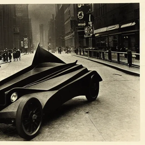 Image similar to old black and white photo, 1 9 1 3, depicting batmobile from dark knight rampaging through the bustling streets of new york city, rule of thirds, three - point perspective, historical record