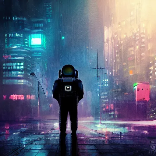 Prompt: astronaut wandering around a cyberpunk dystopian gotham city, foggy and atmospheric, night, starry sky, glowing lights, photorealism, oil painting,