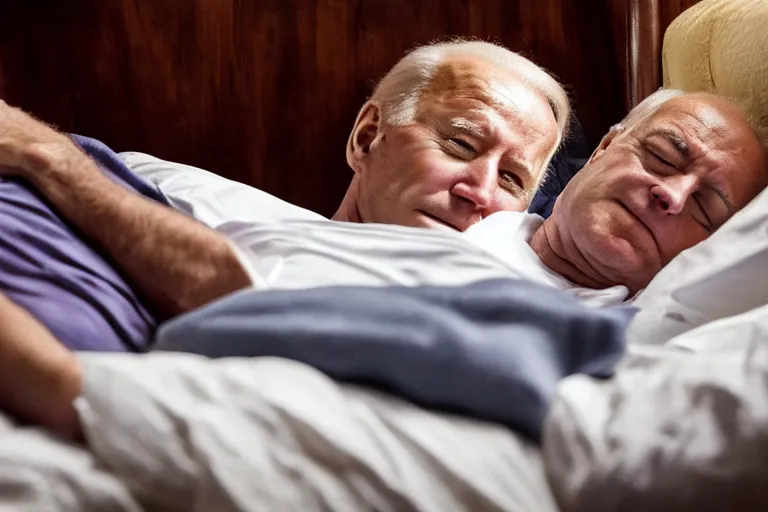Image similar to Photograph of Joe Biden sleeping in bed with a large Turkish man looming over him, AP photography, 4k