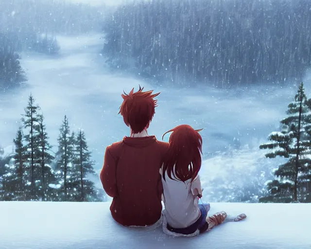 Image similar to a boy and a girl with long flowing auburn hair sitting together on the porch of a cabin on a mountain overlooking a snowy forest. Atmospheric lighting, long shot, romantic, boy and girl are the focus, cold lighting, snowy. Anime. By Makoto Shinkai, Stanley Artgerm Lau, WLOP, Rossdraws, James Jean, Andrei Riabovitchev, Marc Simonetti, krenz cushart, Sakimichan, D&D trending on ArtStation, digital art.