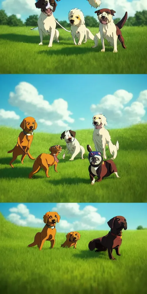 Image similar to a group of dogs playing in a field, studio ghibli style lighting, highly detailed, trending on artstation.