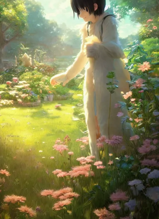 Image similar to portrait of a cute cat in an enchanted garden, digital illustration, by makoto shinkai and ruan jia