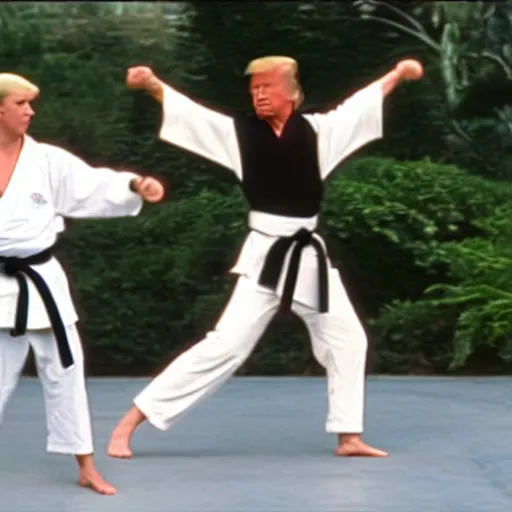 Prompt: still of donald trump as the karate kid, crane kick