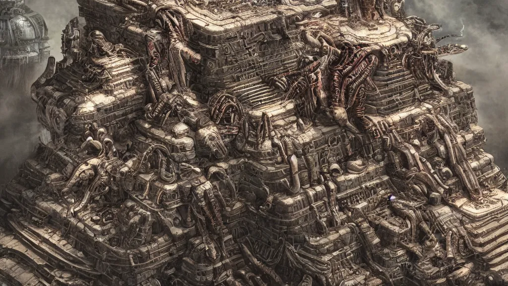 Prompt: aliens brainsuckers kills sacrifice aztecs on top of aztec pyramids, perfect faces, fine details, studio lighting, close view, subtle shadows, art by katsuya terada, photorealism, hyper realism, octane render, hyper detailed, medium shot, 8 k, raw, unedited, in - frame,