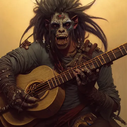 Prompt: portrait painting of a punk orc bard with a guitar, ultra realistic, concept art, intricate details, eerie, highly detailed, photorealistic, octane render, 8 k, unreal engine. art by artgerm and greg rutkowski and charlie bowater and magali villeneuve and alphonse mucha