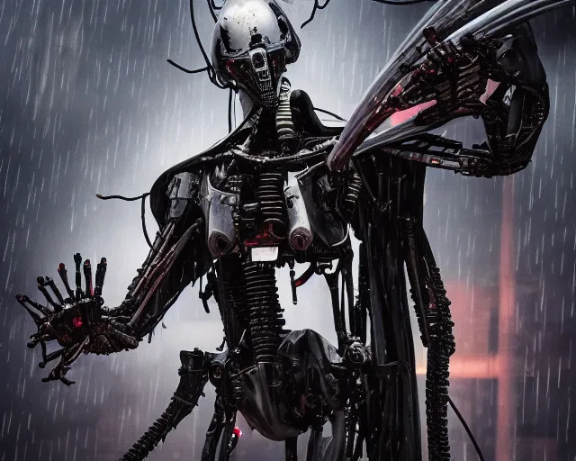 Image similar to photo of general grievous with 4 hands holding 4 activated lightsabers in the rain. cyberpunk horror style. highly detailed 8 k. intricate. nikon d 8 5 0 5 5 mm. award winning photography. art by hr giger