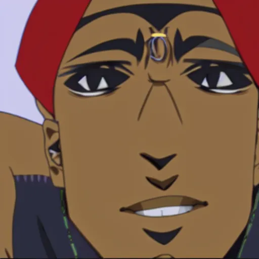 Image similar to Tupac Shakur, screenshot from a 2012s anime