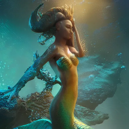 Image similar to underwater mermaid, hyper detailed, digital art, cinematic lighting, studio quality, smooth render, unreal engine 5, octane rendered, art style by klimt and nixeu and ian sprigger and wlop and krenz cushart.