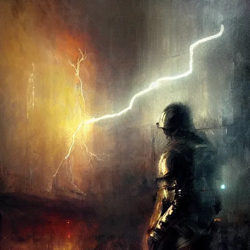 Prompt: knight holds lightning in his hand sparks everywhere, realistic, ultrahd, jeremy mann painting