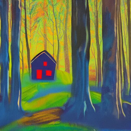 Prompt: a painting of a eerie cabin in the middle of the woods in the style of warhol