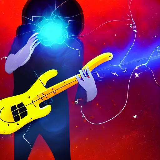 Image similar to a guitarist playing so intensely there is electricity shooting out from his guitar, energy beams under his finger tips, and magic sparkles from the freboard, amazing ditial art, trending on artstation, featured on deviantart