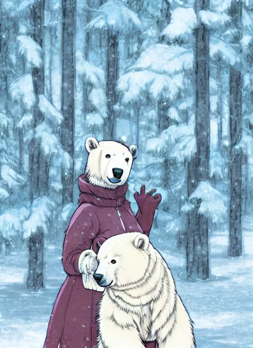 Prompt: character portrait of a female anthro polar bear fursona and a cute beautiful attractive detailed furry face wearing stylish cute winter clothes in a cozy winter cabin. hidari, color page, tankoban, 4K, tone mapping, Akihiko Yoshida.