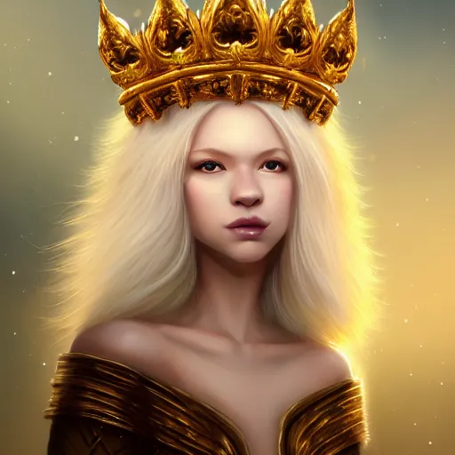 Image similar to a beautfiul aesthetic commission portrait of a anthro albino lion wearing a king's crown,attractive beautiful face,detailes face,expression,natural lighting,fantasy art,deviantart,artstation,character design by charles bowater,ross tran,4k,photorealistic