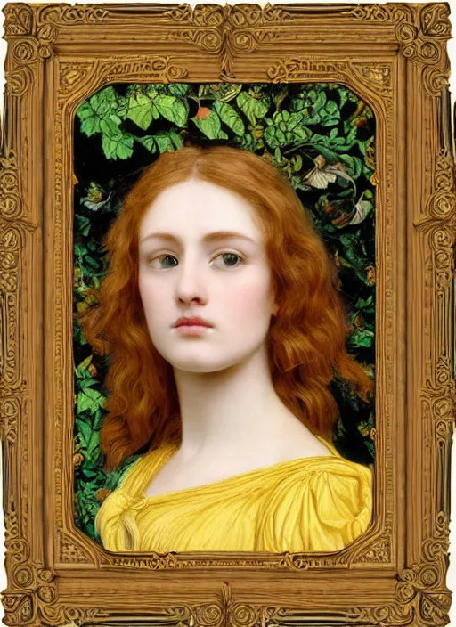 Image similar to masterpiece beautiful seductive flowing curves preraphaelite face portrait photography, extreme close up shot, straight bangs, thick set features, yellow ochre ornate medieval dress, laying amongst foliage mushroom forest circle arch, frederic leighton and kilian eng and rosetti and preraphaelites, william morris, framed, 4 k