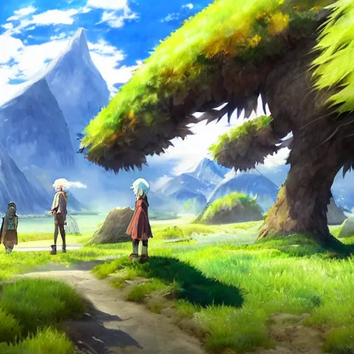 Image similar to watercolor, wallpaper, 4 k, digital art, photorealism, realistic, unity, unreal engine, blue skies and rolling green fields, rpg isekai adventurers, anime, mountains, by hayao miyazaki, by studio ghibli, high quality, stunning, amazing work of arts, inspirational