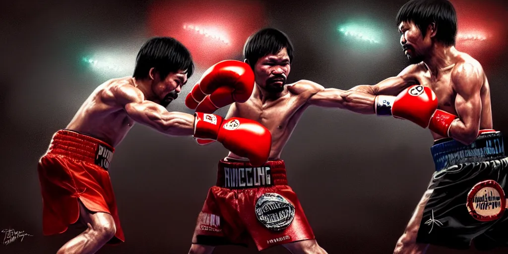 Prompt: manny pacquiao versus bongbong marcos in a boxing fight, detailed intricate illustration, dark atmosphere, detailed illustration, hd, 4 k, digital art, overdetailed art, by greg rutkowski, by loish, complementing colors, trending on artstation, deviantart