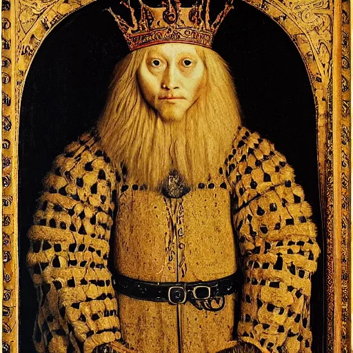 Image similar to portrait of a king with a lions head for a head, oil painting by jan van eyck, northern renaissance art, oil on canvas, wet - on - wet technique, realistic, expressive emotions, intricate textures, illusionistic detail