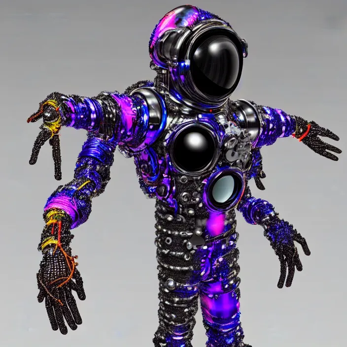 Image similar to a cybernetic symbiosis of a single astronaut mech-organic eva suit made of pearlescent wearing anodized thread knitted shiny ceramic multi colored yarn thread infected with kevlar,ferrofluid drips,carbon fiber,ceramic cracks,gaseous blob materials and diamond 3d fractal lace iridescent bubble 3d skin dotted covered with orb stalks of insectoid compound eye camera lenses orbs floats through the living room, film still from the movie directed by Denis Villeneuve with art direction by Salvador Dalí, wide lens,