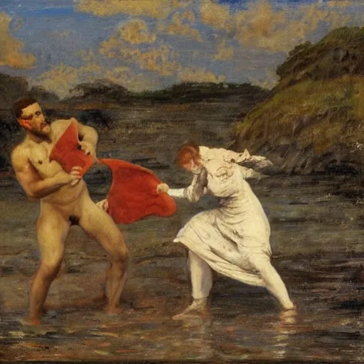 Prompt: man and woman fighting a monster by alfred stevens