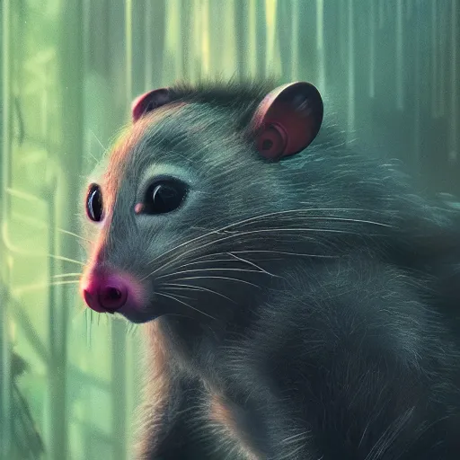 Image similar to highly detailed possum lost in the jungle at night, cyberpunk, digital art, hyperrealistik 8k