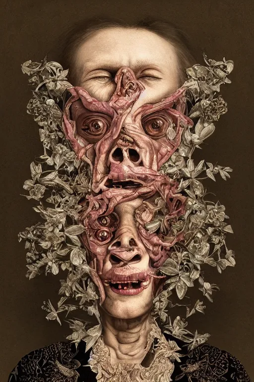 Image similar to Detailed maximalist portrait of a beautiful old woman with large lips and eyes, scared expression, botanical skeletal with extra flesh, HD mixed media, 3D collage, highly detailed and intricate, surreal illustration in the style of Caravaggio, dark art, baroque, centred in image