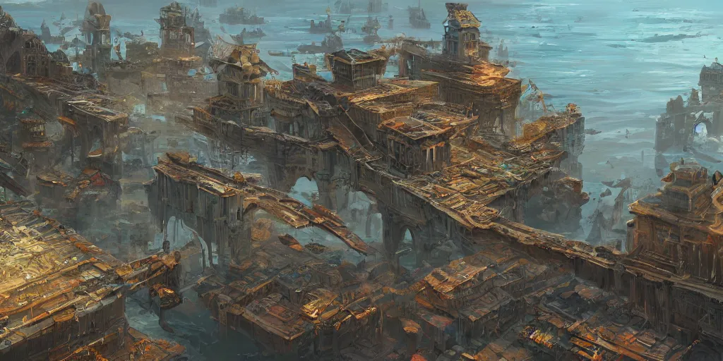 Image similar to ancient city on the bridge, really high up, over the ocean, thriving market, artstation, deviantart