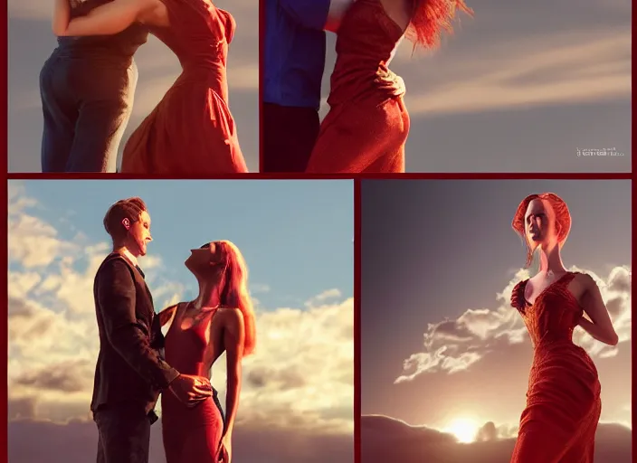 Image similar to couple, man and woman in pose of couple vol 2 photo reference pack for artists, spirit hugs, gold trim, atmoshperic, elegant, sharp focus, red sun, huge lips, poses by satine zillah, environment by hw 6 5 2 3, art by ilya ozornin, artstation, intricate details, concept art