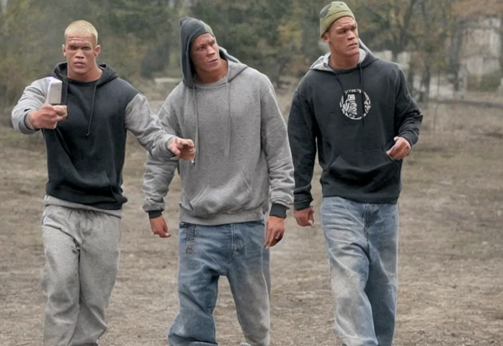 Image similar to john cena in a hoodie portraying marshall mathers in 8 mile.