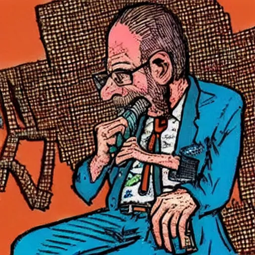 Prompt: The Artwork of R. Crumb and his Cheap Suit Dentist, pencil and colored marker artwork, trailer-trash lifestyle