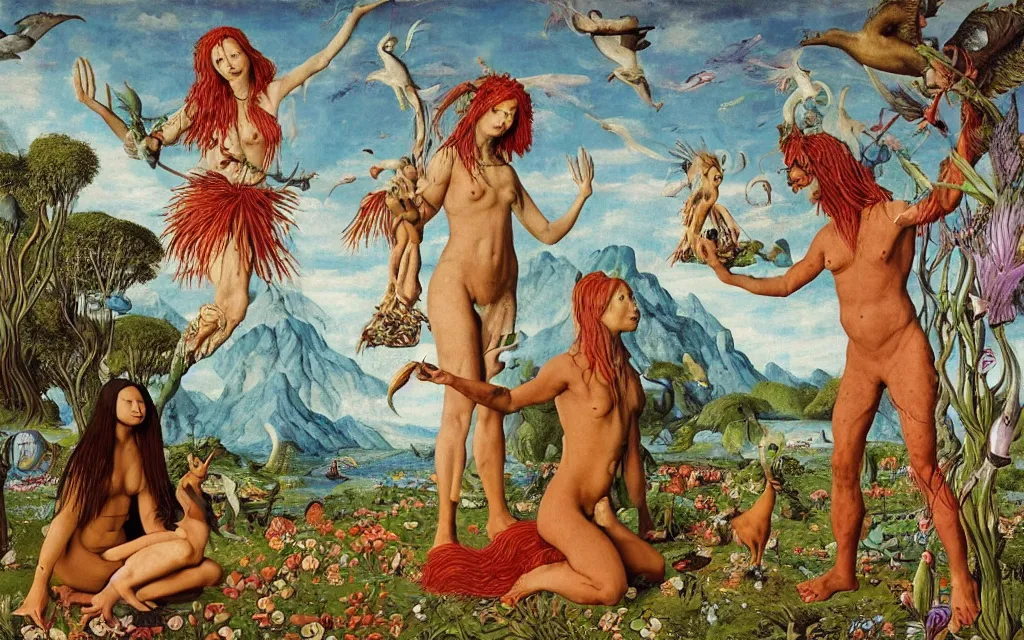 Image similar to a photograph of a meditating centaur shaman and a harpy mermaid feeding animals. surrounded by bulbous flowers, a few trees and wild animals. river delta with mountains and cliffs under a blue sky full of burning stars and birds. painted by jan van eyck, max ernst, ernst haeckel, ernst fuchs and artgerm. trending on artstation