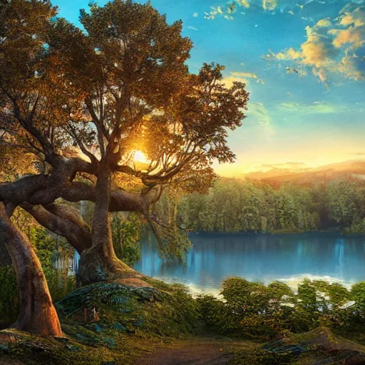 Prompt: standing in a beautiful tree fort looking out over the massive lake at sunrise, digital art, highly detailed, epic composition