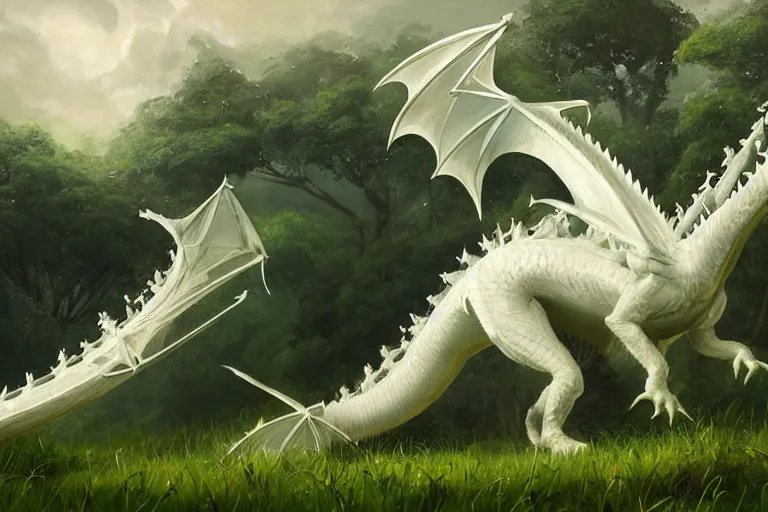 Prompt: a large white dragon standing on top of a lush green field, an ultrafine detailed painting by slawomir maniak, featured on polycount, sots art, official art, artstation hd, detailed painting