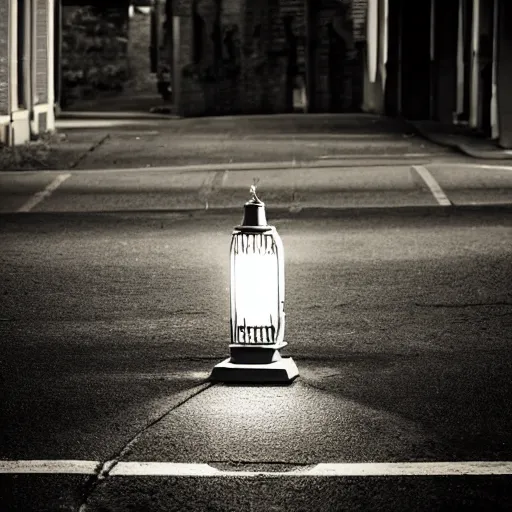 Prompt: lonely old lantern on empty modern street near the old car with light on