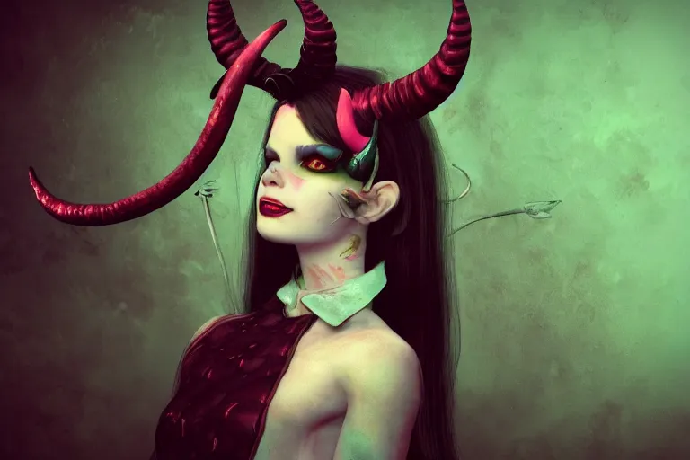 Prompt: pretty demon girl with horns photograph in the style of ray caesar, colorful, realistic, 8 k,