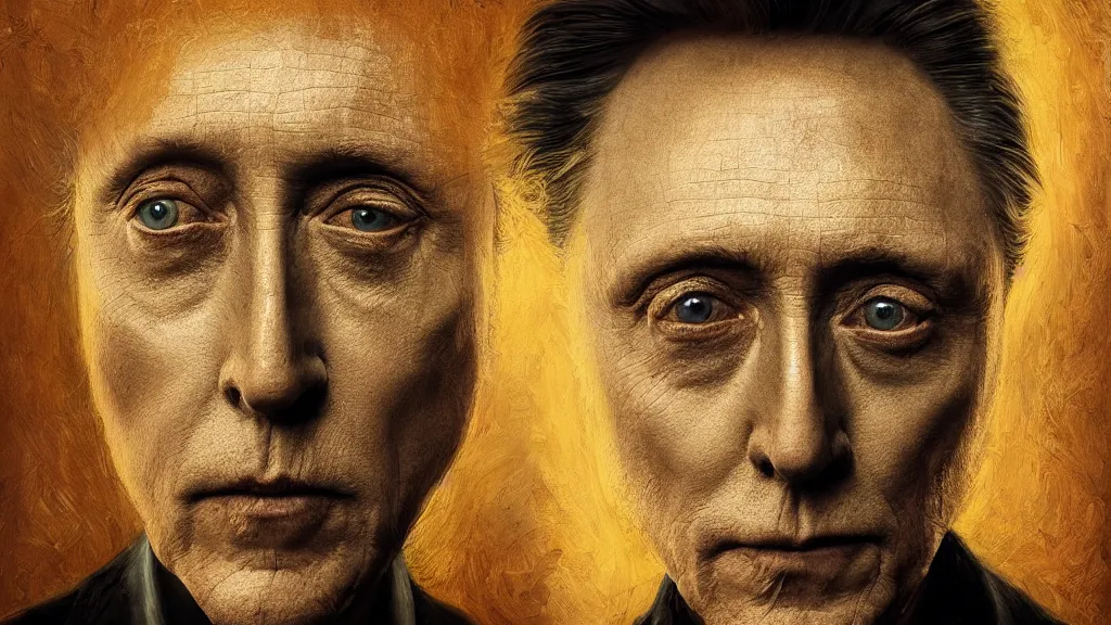 Prompt: Psychedelic character portrait of Christopher Walken, diamond, intricate complexity, rule of thirds, golden ratio, cinematic lighting, hyper detailed, 8k, high resolution, single face, symmetrical, headshot photograph, ultra detailed, beautiful, elegant, cinematic, in the style of Tom Bagshaw, Alexis Franklin, Elena Masci, Erwin Olaf