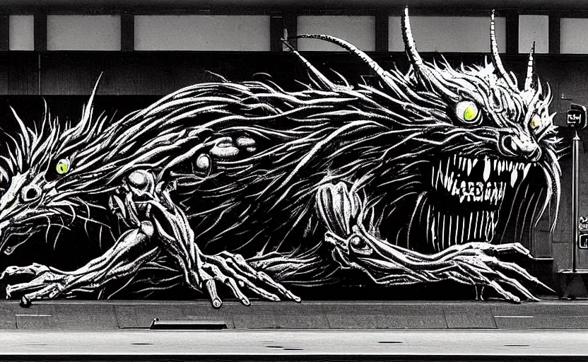 Image similar to very large giant mutant zombie irradiated ( angry rat ) staying on railways in tonnel of moscow subway. tonnel, railways, giant angry rat, furr, fangs, claws, very realistic. extreme long shot, wide angle, herman nitsch and herman nitsch, giger.