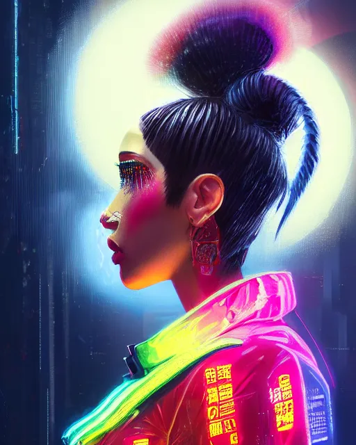 Image similar to detailed side profile portrait Cardi B, cyberpunk futuristic neon, reflective puffy coat, decorated with traditional Japanese ornaments by Ismail inceoglu dragan bibin hans thoma greg rutkowski Alexandros Pyromallis Nekro Rene Maritte Illustrated, Perfect face, fine details, realistic shaded, fine-face, pretty face