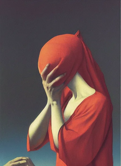 Prompt: woman praying with a paper bag over the head and a sward Edward Hopper and James Gilleard, Zdzislaw Beksinski, Steven Outram highly detailed