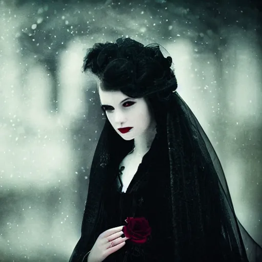 Image similar to A beautiful portrait of a lady vampire, victorian, '20, ominous, dracula, depth of field, bokeh, irwin penn, soft light, cinematic