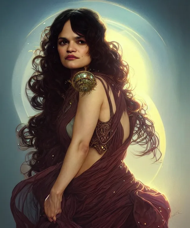 Image similar to Norah Jones as a fantasy magic woman portrait, sci-fi, amber eyes, face, long hair, fantasy, intricate, elegant, highly detailed, digital painting, artstation, concept art, smooth, sharp focus, illustration, art by artgerm and greg rutkowski and alphonse mucha