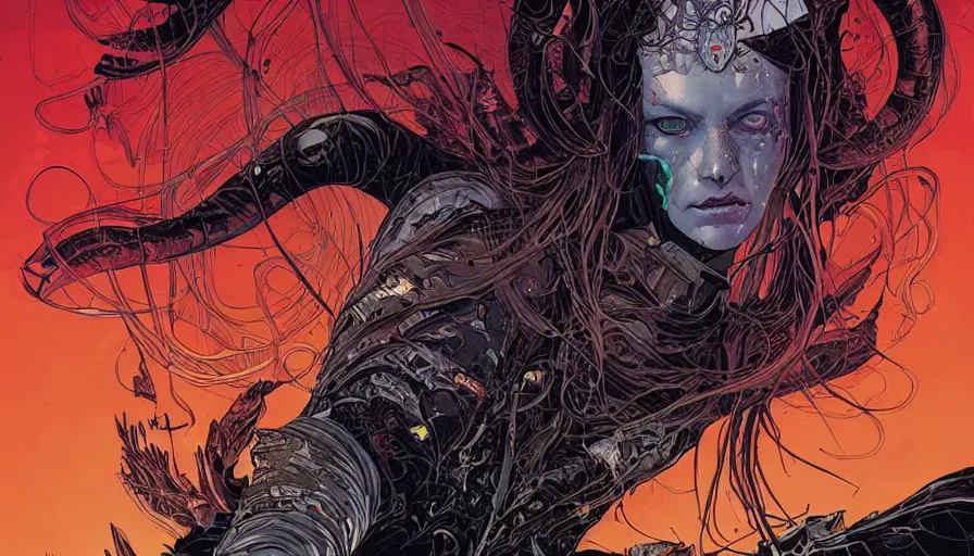 Image similar to the queen of the abyss from elden ring by sandra chevrier, wlop, moebius and kilian eng, atmospheric, fine details, vivid, neon, masterpiece