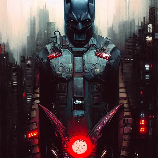 Image similar to cyberpunk batman, red bat, moody, futuristic, city background, brush strokes, oil painting, greg rutkowski