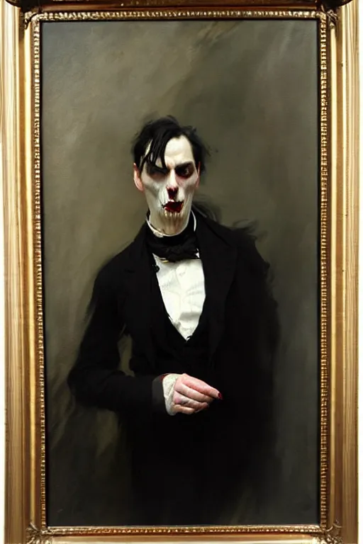 Image similar to impressionist brushstrokes!!!! beeple and richard schmid and jeremy lipking victorian loose genre loose painting full length portrait painting of a victorian male vampire