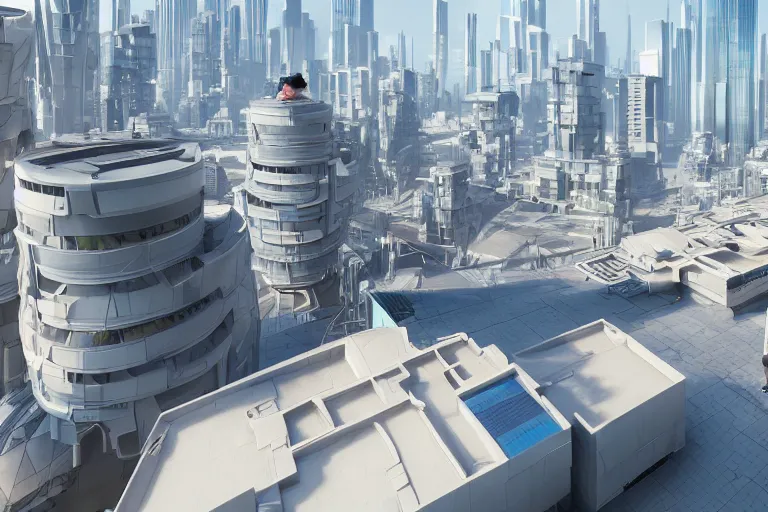 Image similar to rooftop view of a futuristic city highly detailed, photorealistic portrait, bright studio setting, studio lighting, crisp quality and light reflections, unreal engine 5 quality render