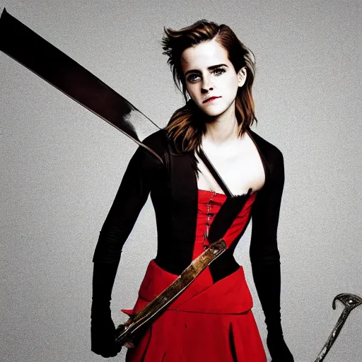 Prompt: emma watson with a sword fighting skinny nerds. photograph.