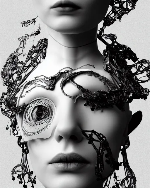 Image similar to black and white dreamy foggy smoky profile face portrait, one silver steampunk eye biomechanical beautiful young female cyclope - cyborg - robot bust, body ribs meshes,, volumetric light, hibiscus flowers, by hg giger, rim light, by dora maar and cecile beaton, big gothic fashion pearl embroidered collar, 8 k