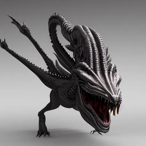 Image similar to an alien mimicking the form of a dragon, octane render, 3D, 20B parameters