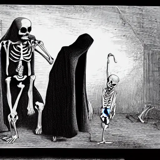 Prompt: a boogeyman in the behind of a skeleton in a black cloak