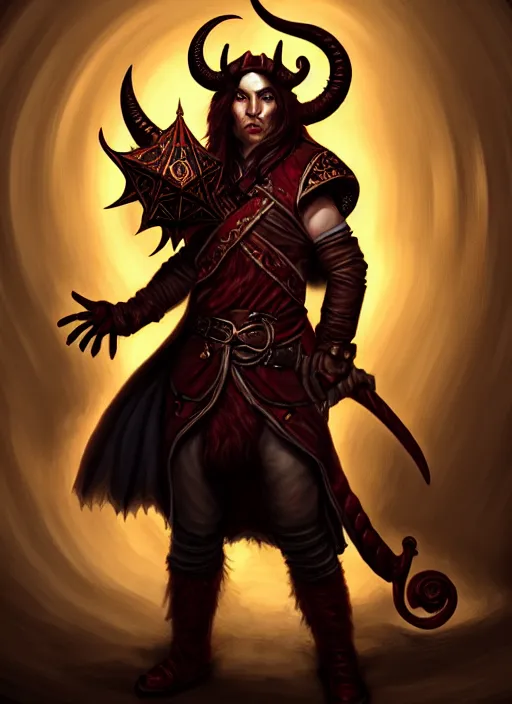 Image similar to tiefling bard, full body, hyper realistic, extremely detailed, dnd character art portrait, dark fantasy art, intricate fantasy painting, dramatic lighting, vivid colors, deviantart, artstation, by wayne reynolds.