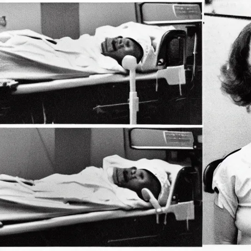 Prompt: photographs found from a lost hard drive that show horrifying images of special cases in a hospital, 1 9 7 4, cursed footage